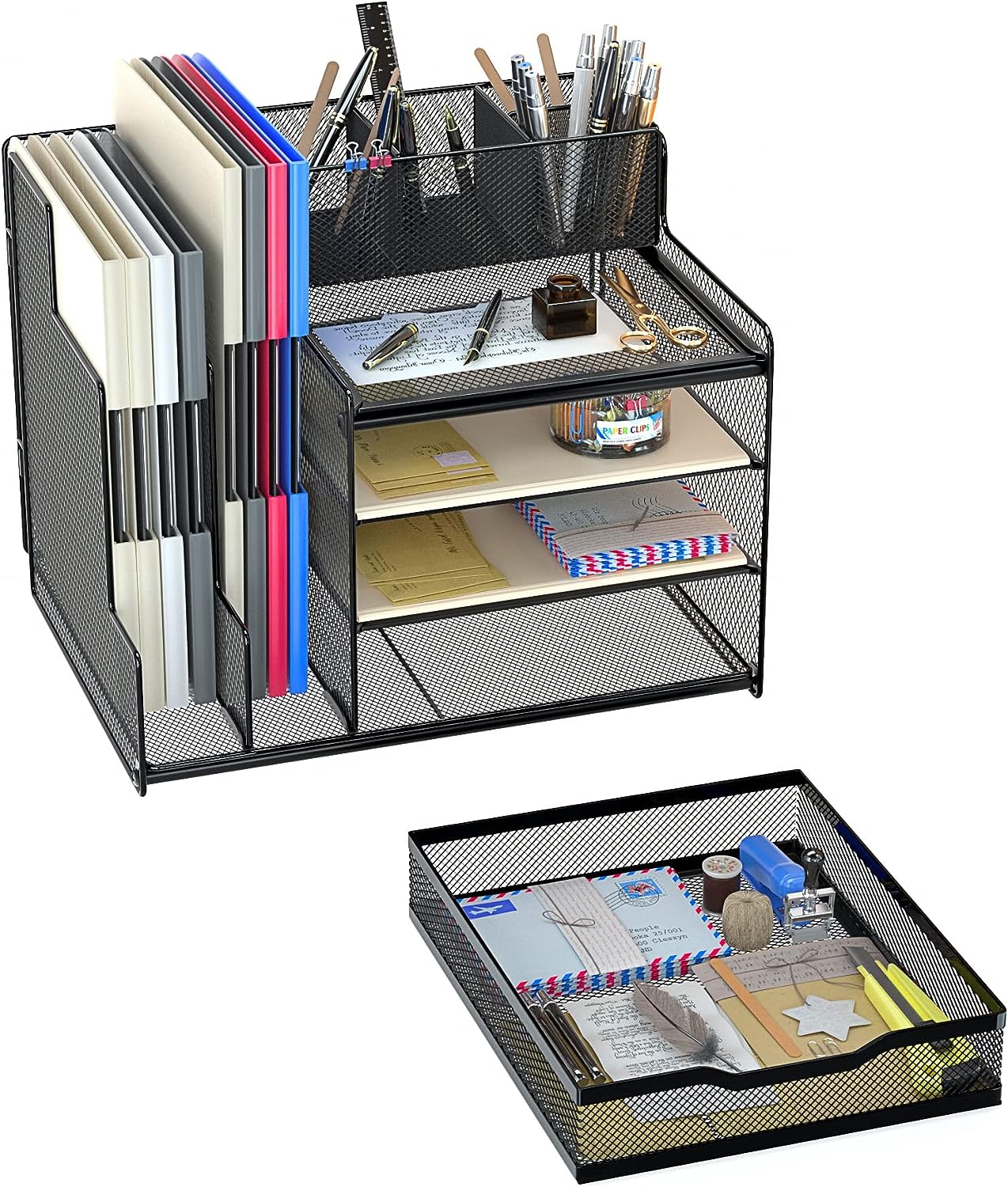 VIVSOL Desk Organizer with Mesh File Holder， 4-Tier Office Supplies Desk Organizers and Accessories with Sliding Drawers， 3 Trays & Pen Holder， Desk File Organizer and Storage for Office， School， Home - Image 3